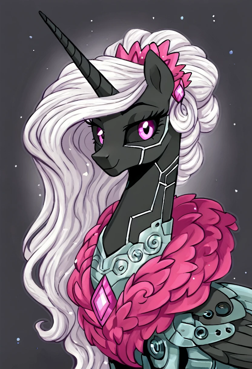 Alicorn , white mane,light blue cybernetic eyes, cybernetic body,black sclera ,black body color  long flowing  mane princess pony pink eyes , gala dress princess beautiful  gala