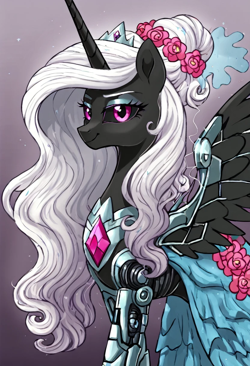 Alicorn , white mane,light blue cybernetic eyes, cybernetic body,black sclera ,black body color  long flowing  mane princess pony pink eyes , gala dress princess beautiful  gala