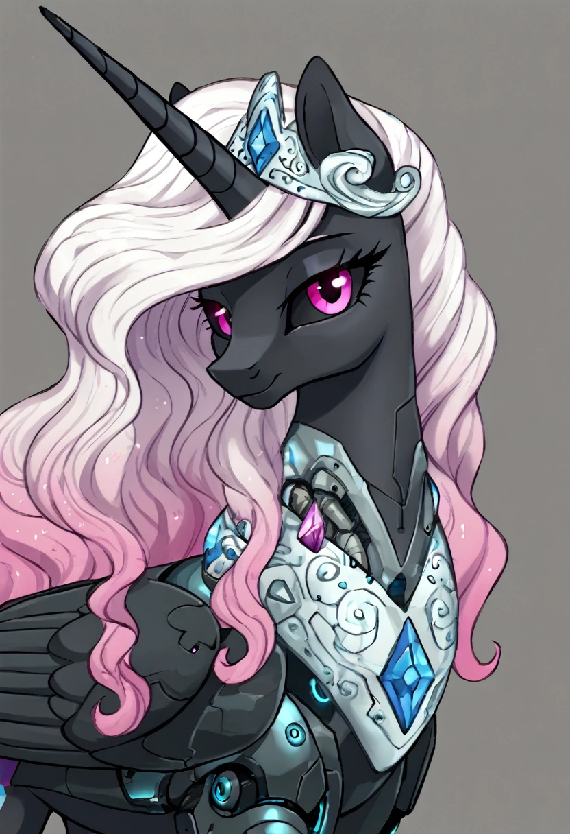 Alicorn , white mane,light blue cybernetic eyes, cybernetic body,black sclera ,black body color  long flowing  mane princess pony pink eyes , gala dress princess beautiful  gala