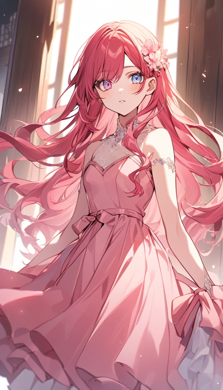 A girl,who has long wavy red hair, fair skin, heterochromatic eyes, and wearing a pink dress. (She is 17 years old)