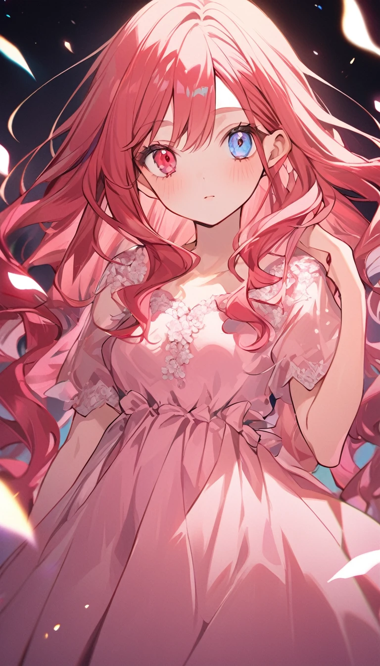 A girl,who has long wavy red hair, fair skin, heterochromatic eyes, and wearing a pink dress. (She is )
