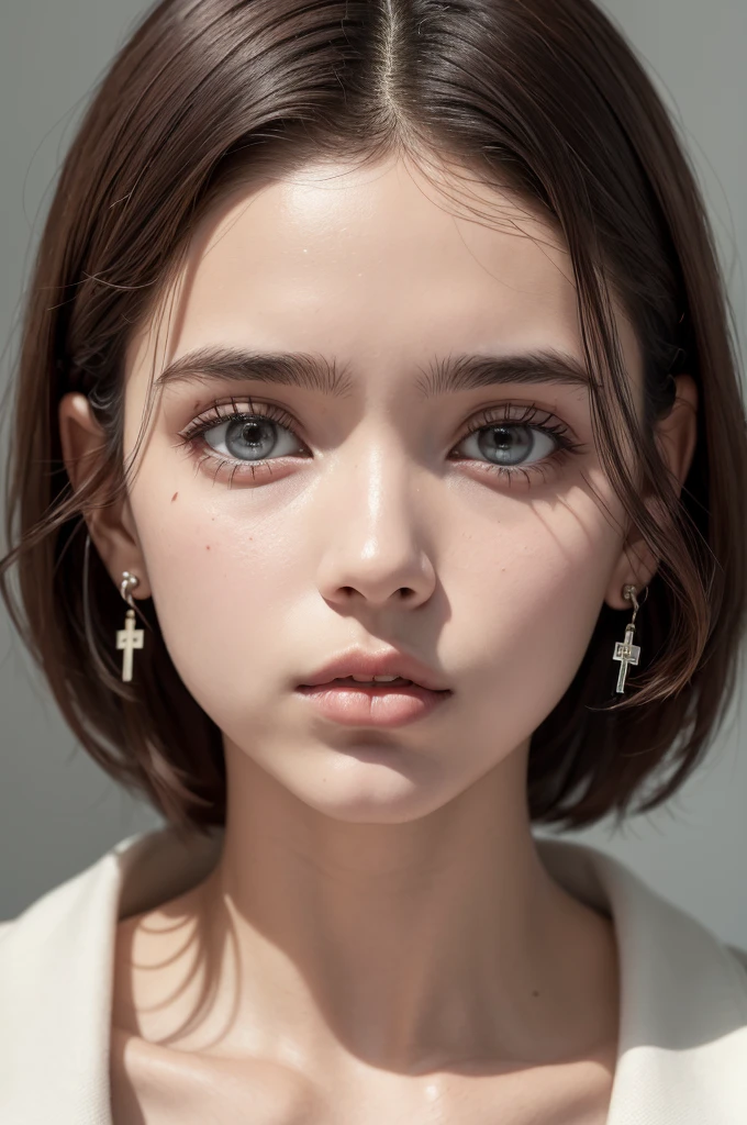 Perto de um computador, um adolescente de grande cabelos brancos e olhos vermelhos fendidos chora silenciosamente. Your eyes are empty, sem vida. A small cross earring dangles from her lobe. Ele fuma cigarro, releasing slow clouds using Xanax medicine