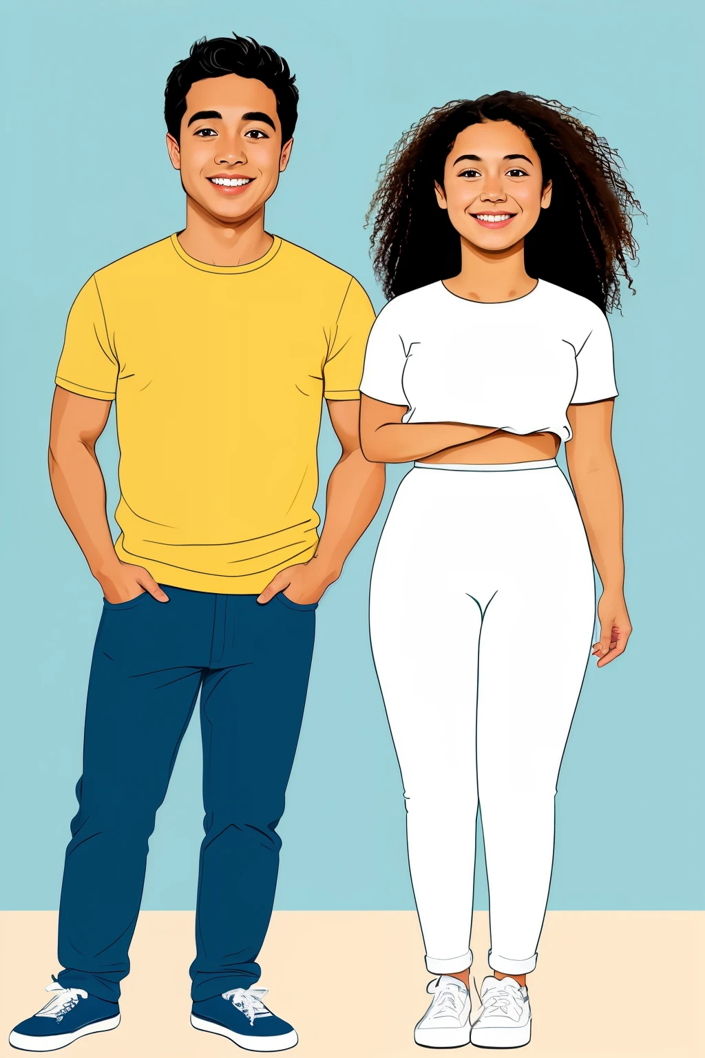 ((mejor calidad)), ((Obra maestra)), (detallado), 1 bright-eyed boy, Together with 1 mixed race girl cartoon full body