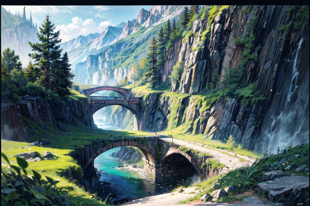 (8k analog photo,magical landscape:1.2), stone bridge over creek,lush greenery,pastel colors,studio ghibli style,alone bridge,small bridge, framed picture, graphic design, inscription, adopt,