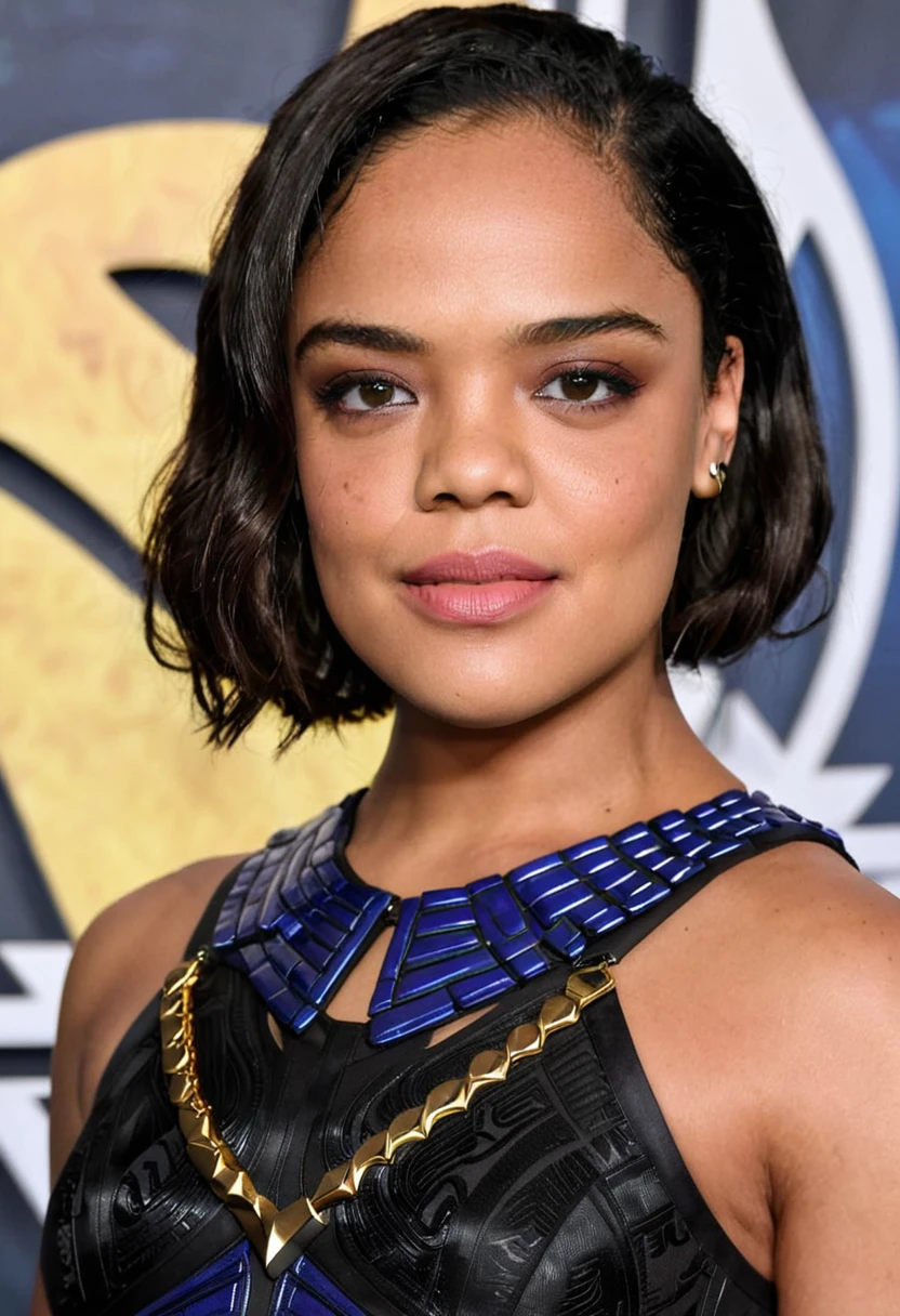 Extremely gorgeous woman Tessa Thompson AS A WAKANDAN WARRIOR, DETAILS, GOOD SKIN, highly detailed, skin pores, sharp focus, amazing details,