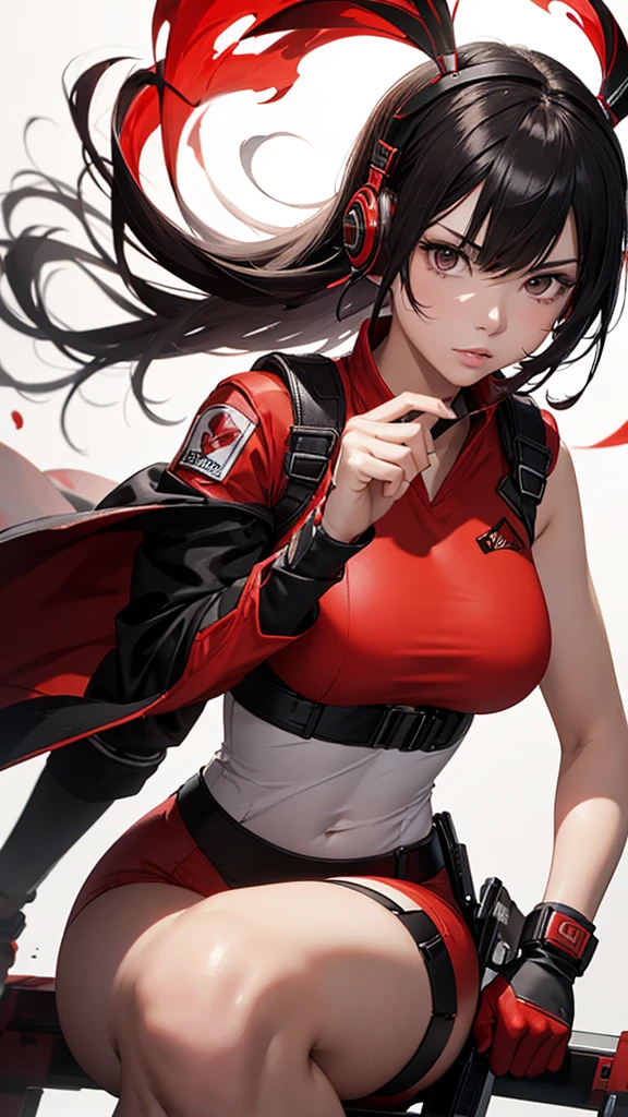 close portrait fighting action image, brush drawing image, beautiful Thai female teen, aged 20, dynamic pose with red advanced sci-fi shooter, long straight black hair with red sci-fi slim headphones, slim fit sci-fi patterns glossy red-white camisole, white shoulders armour, glossy red leggings, black weapons holster on thighs, white sci-fi boots, red sleeves, red gloves, red smoke explode, white background, 8k resolution 