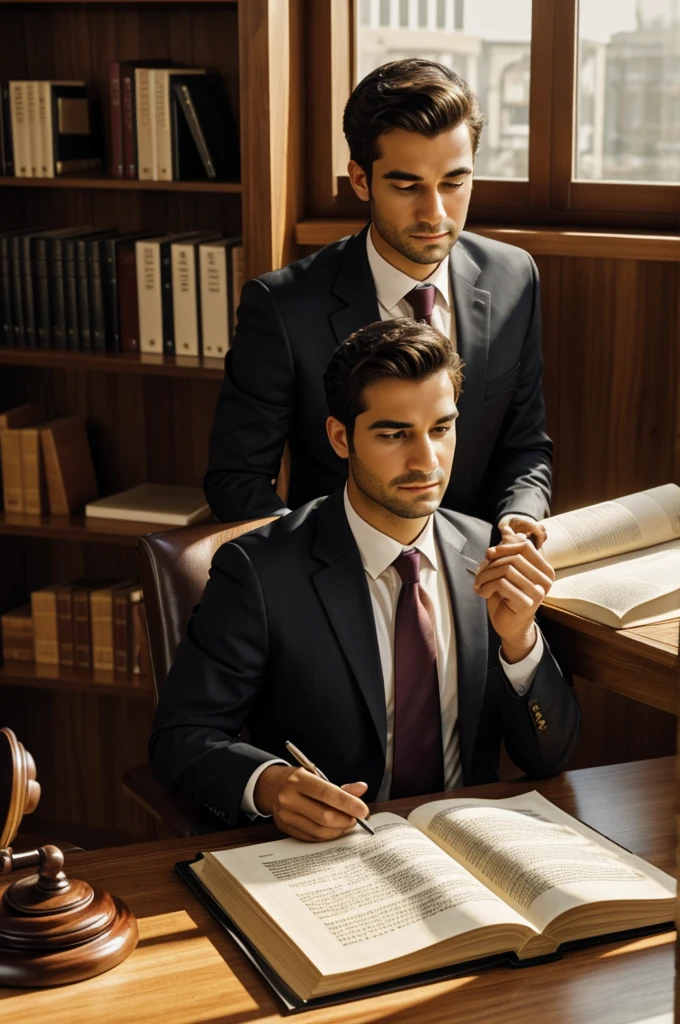 Create a photo-realistic image of me as a lawyer reading books in my law chamber. I am sitting at a wooden desk, surrounded by open law books and legal documents. The chamber has a professional look with wooden bookshelves filled with legal texts and case files. I am dressed in formal lawyer attire, including a black coat and tie. Sunlight filters through a window, casting a warm glow on the room. My expression is focused and intent on the book I am reading."
Feel free to adjust any details to better match your vision!
