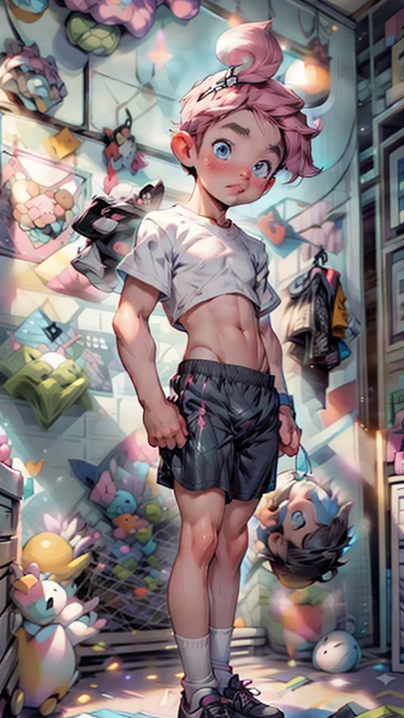 masterpiece, best quality, ultra detailed,(((boy, femboy, femboi, otoko no ko))), pink hair, short twintails,blue eyes, american ,flat breasts,Bulge, (male focus),blush,(pink lips),solo, ,tan, dark skin, standing, sports underwear, white socks, bedroom, ,(nsfw:0.55), ((flat chested, flat stomach, baby face)), (intense colors)