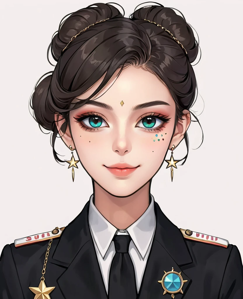 (Digital Illustration,Detailed anime style girl portrait,Solitary,symmetry),(Big colorful eyes,Fashionable and exquisite facial features,Exquisite makeup,Sweet smile,Star symbol mark on cheek,Soulful gaze,),(Fluffy bun,Hairpin),(Black suit,Epaulettes-Chain,cool,),Clean and simple white background,(((Correct human anatomy)))