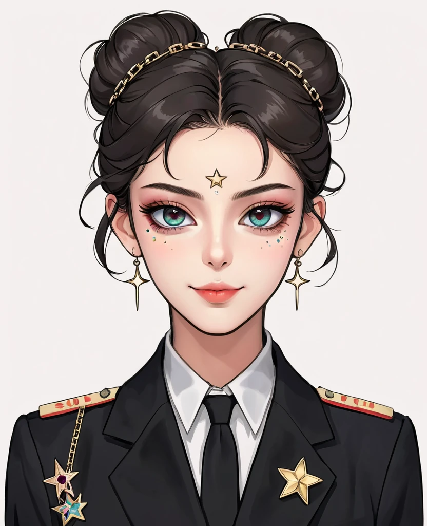 (Digital Illustration,Detailed anime style girl portrait,Solitary,symmetry),(Big colorful eyes,Fashionable and exquisite facial features,Exquisite makeup,Sweet smile,Star symbol mark on cheek,Soulful gaze,),(Fluffy bun,Hairpin),(Black suit,Epaulettes-Chain,cool,),Clean and simple white background,(((Correct human anatomy)))