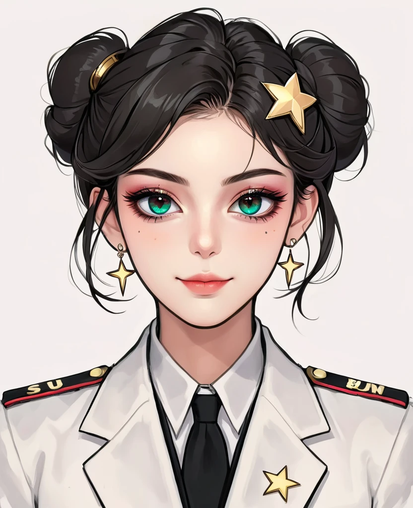 (Digital Illustration,Detailed anime style girl portrait,Solitary,symmetry),(Big colorful eyes,Fashionable and exquisite facial features,Exquisite makeup,Sweet smile,Star symbol mark on cheek,Soulful gaze,),(Fluffy bun,Hairpin),(Black suit,Epaulettes-Chain,cool,),Clean and simple white background,(((Correct human anatomy)))