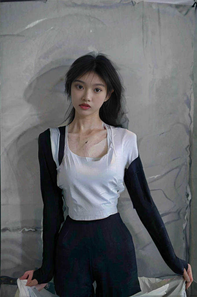 a beautiful young 18-year-old girl, extremely detailed eyes and face, long eyelashes, beautiful big eyes, beautiful lips, beautiful slim waist, very slim figure, sweaty, wet clothes, black shorts, white wall, black bralette, RAW photography, 8k high resolution, cinematic lighting, photorealistic, hyper detailed, masterpiece, professional photographer