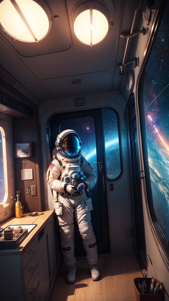 image, space girl, with depth, realistic of a cabin in a naza rocket, a cozy environment, a super comfortable bed, with wrinkled and white sheets on the right side, on the left side an ornamental closet with equipment for personal use with astronaut clothes, the cabin is in Earth's orbit, there is a lot of equipment in relief, from orbital operating machines, atmospheric pressure checking devices, monitoring equipment with a world map, large windows that go from floor to ceiling turned with neon lights that give it a charm to space, with a view of space, the environment has total harmony between colors, the colors are typical of a spaceship, predominantly blue, green and pink neon lights, a very intriguing image in the style of a Disney Space film., 3d render, cinematic, wildlife photography, vibrant