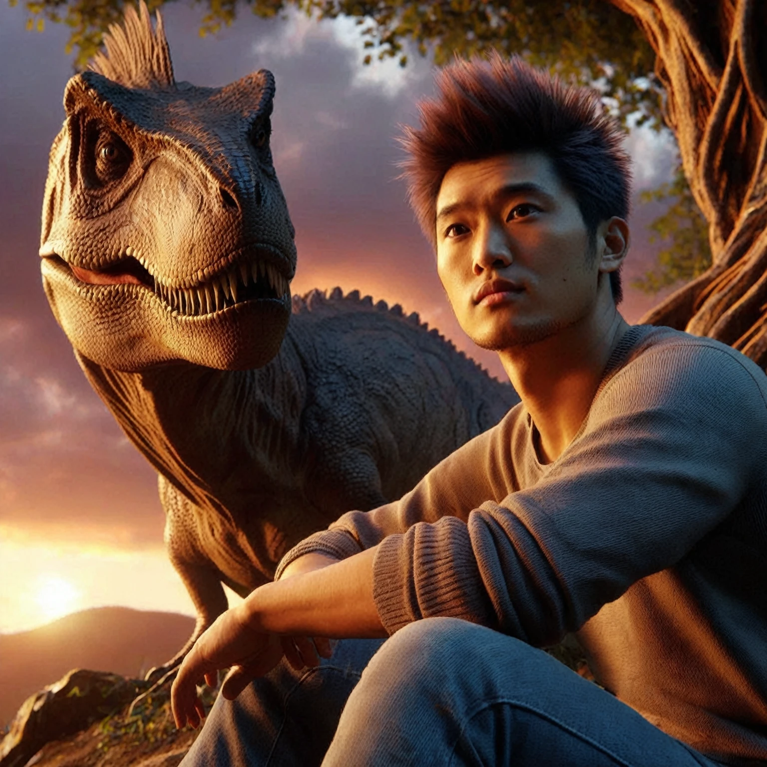 gambarkan 3d hyper realistik yang menampilkan T-rex dan pria asia ,usia 25 tahun rambut short and spiky, Mereka duduk di tebing di bawah ranting pohon. T-rex melihat pria itu dengan senyum simpati. Latar belakang menggambarkan langit oranye dengan matahari terbenam di dekat cakrawala.4K, ultra HD, fotografi,cinematic