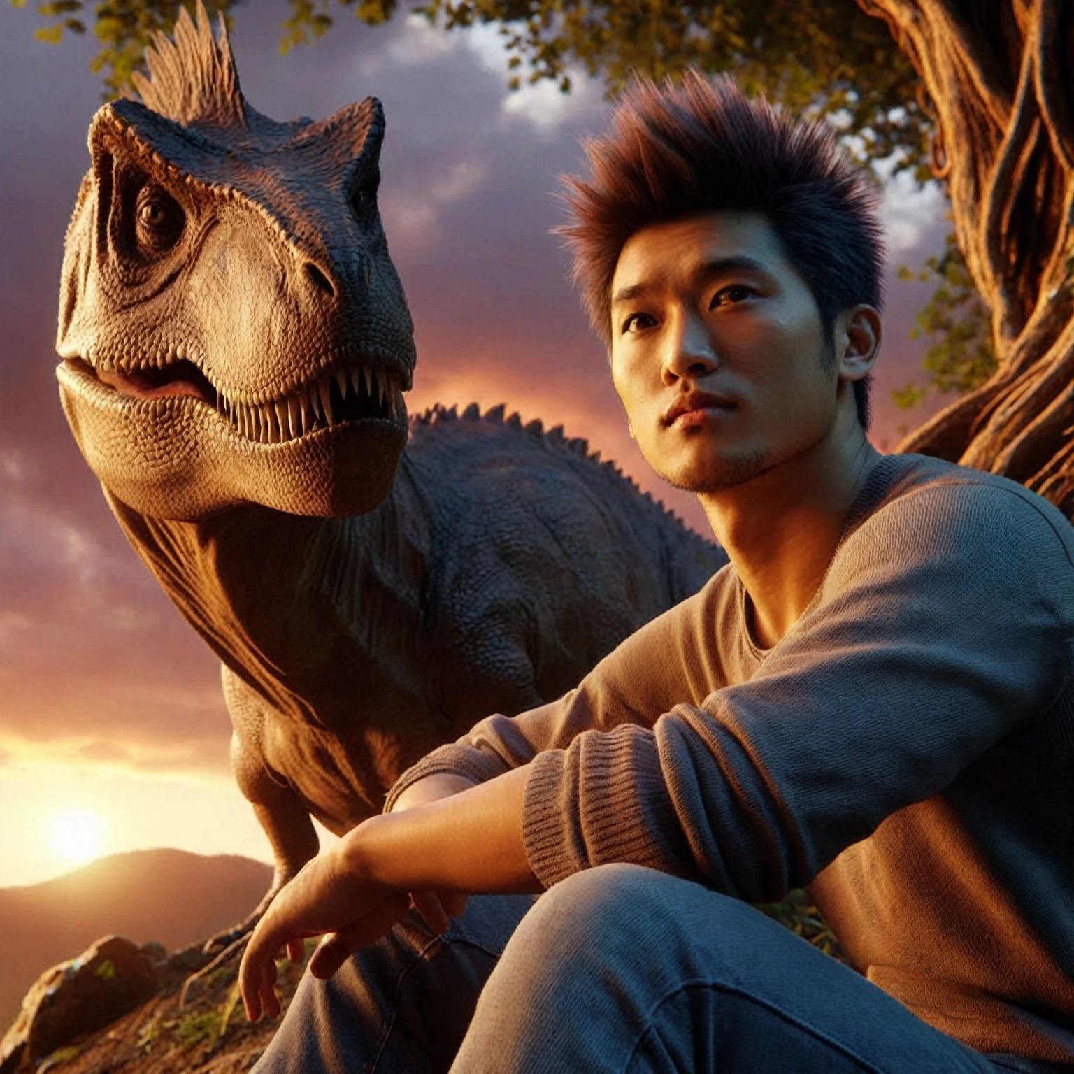 gambarkan 3d hyper realistik yang menampilkan T-rex dan pria asia ,usia 25 tahun rambut short and spiky, Mereka duduk di tebing di bawah ranting pohon. T-rex melihat pria itu dengan senyum simpati. Latar belakang menggambarkan langit oranye dengan matahari terbenam di dekat cakrawala.4K, ultra HD, fotografi,cinematic