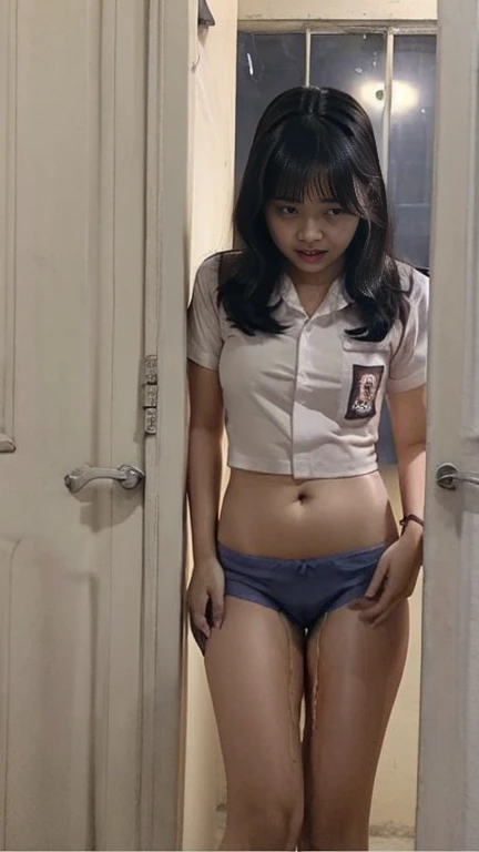 (pp clothes), (realistic), girl showing her panty, show underwear, wear underwear, visible underwear, Indonesian face, dark room situation, Indonesia Girl sees the ghost and pees herself in fright, incontinence, panty are wet.