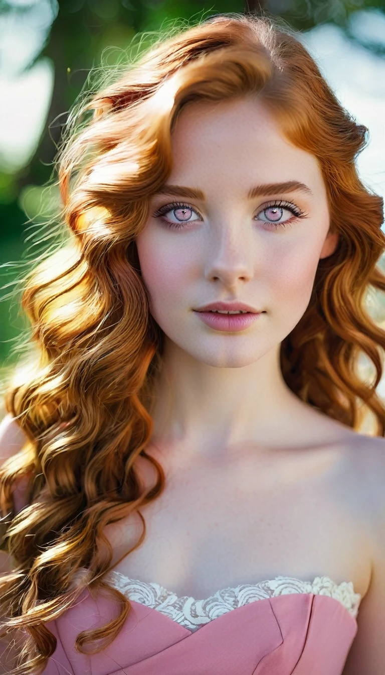 A girl,who has long wavy red hair, fair skin, heterochromatic eyes, and wearing a pink dress. (She is 17 years old)