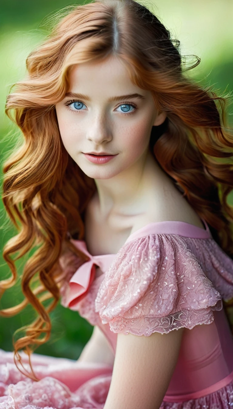 A girl,who has long wavy red hair, fair skin, heterochromatic eyes, and wearing a pink dress. (She is )