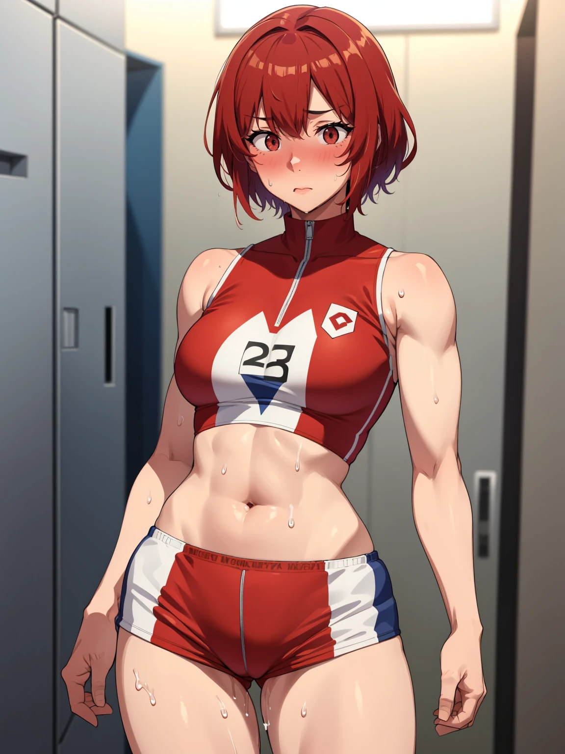 locker room、No background、Standing posture、Track and field athlete、Athletics Stadium、athlete、(1 female)、(Red hair、Short Hair)、(Sleeveless track uniform、Racing Bloomer)、Ultra-detailed illustrations、Ultra-precision performance、masterpiece、Highest quality、超High resolution、High resolution、((Embarrassed expression、Sweat、body fluid))、Mommyfy、