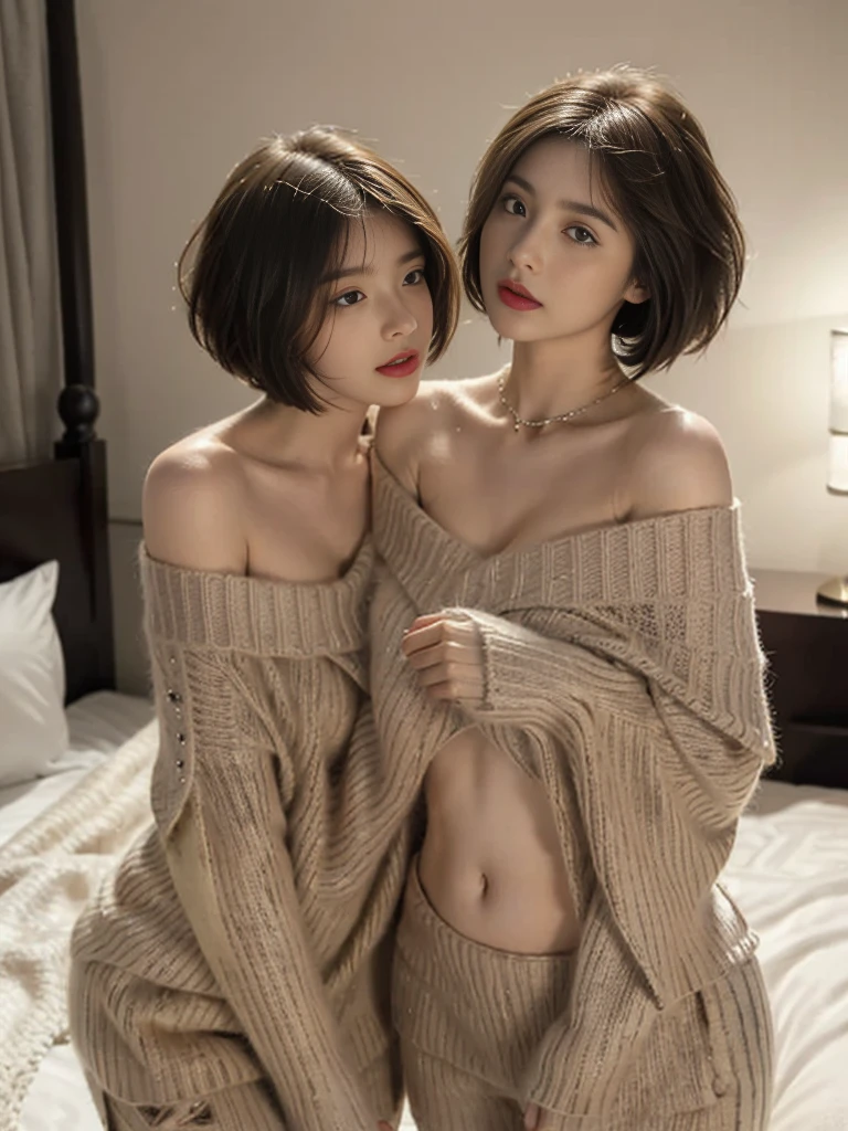 ((Best quality, 8k, Masterpiece: 1.3)), Contour: 1.2, Perfect body beauty: 1.4, Butt: 1.2, ((Layered haircut, Round chest: 1.5) ), 1girl, (hotel bed: 1.3), big breast, highly detailed face and skin texture, Beautiful eyes, Double eyelids, White skin, Long hair ,Ultra HD,8K, Moonlight night、one room、The view of the city can be seen from the window、high key lighting、studio lighting、face lamp、(Viewed from the front)、photon mapping、radio city、(Full body female love)、(Completely naked)、dark brown hair、Detailed faces、Detailed lips、Detailed eyeore skins、double eyelids、(huge :1.4)、(off shoulder sweater)、A necklace、(camel toe)、Perfect body、shiny skin、yawning,((off shoulder sweater lift:1.5))、Make eye contact with the camera,see through clothes