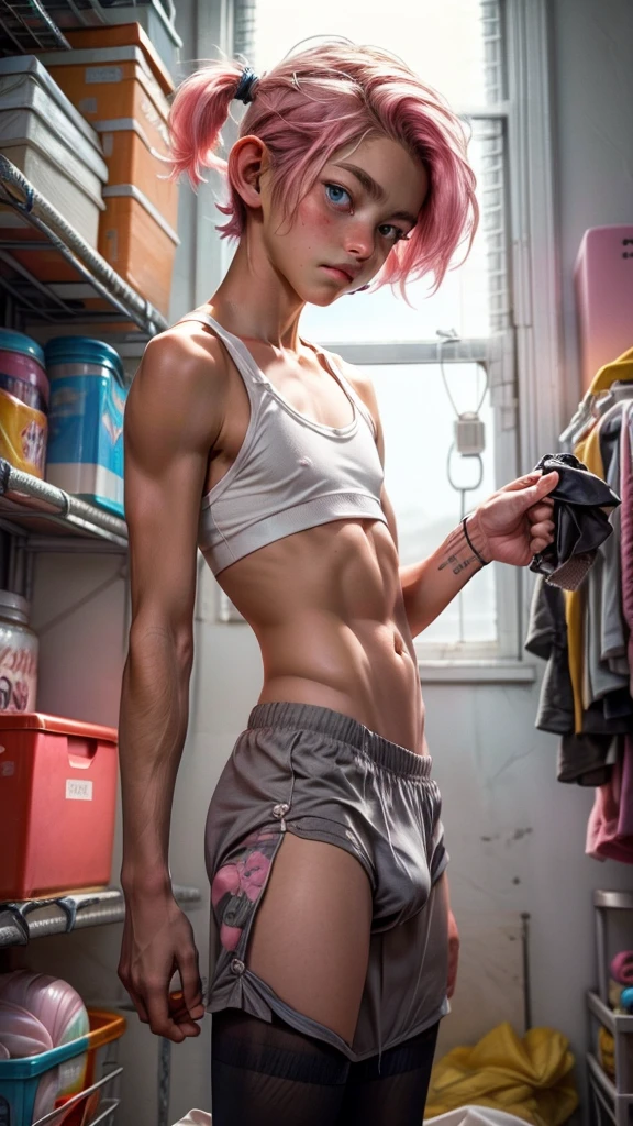masterpiece, best quality, ultra detailed,(((boy, femboy, femboi, otoko no ko))), pink hair, short twintails,blue eyes, american ,flat breasts,Bulge, (male focus),blush,(pink lips),solo, ,tan, dark skin, standing, sports underwear, white socks, bedroom, ,(nsfw:0.55), ((flat chested, flat stomach, baby face)), (intense colors)