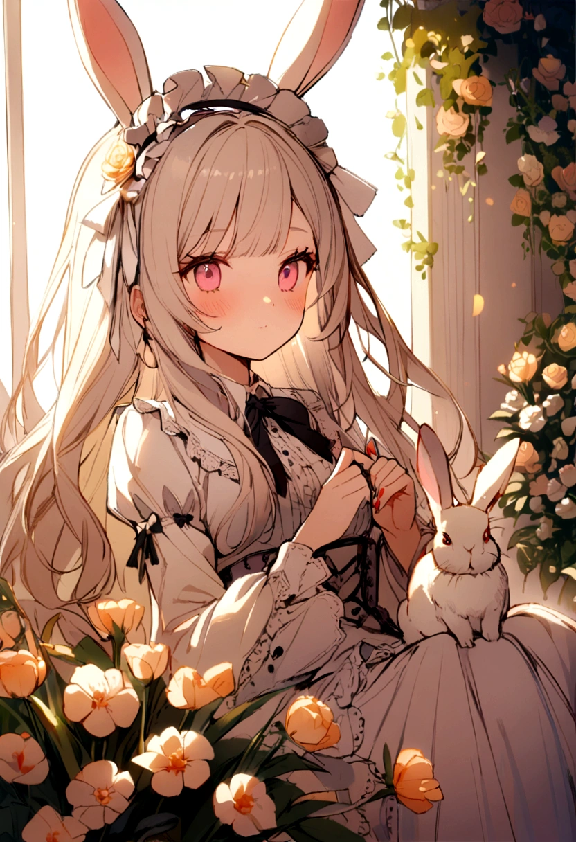 1 girl, long hair, lolita, cute, bunny, flowers, light, live