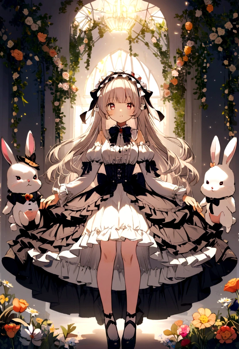 1 girl, long hair, lolita, cute, bunny, flowers, light, live 