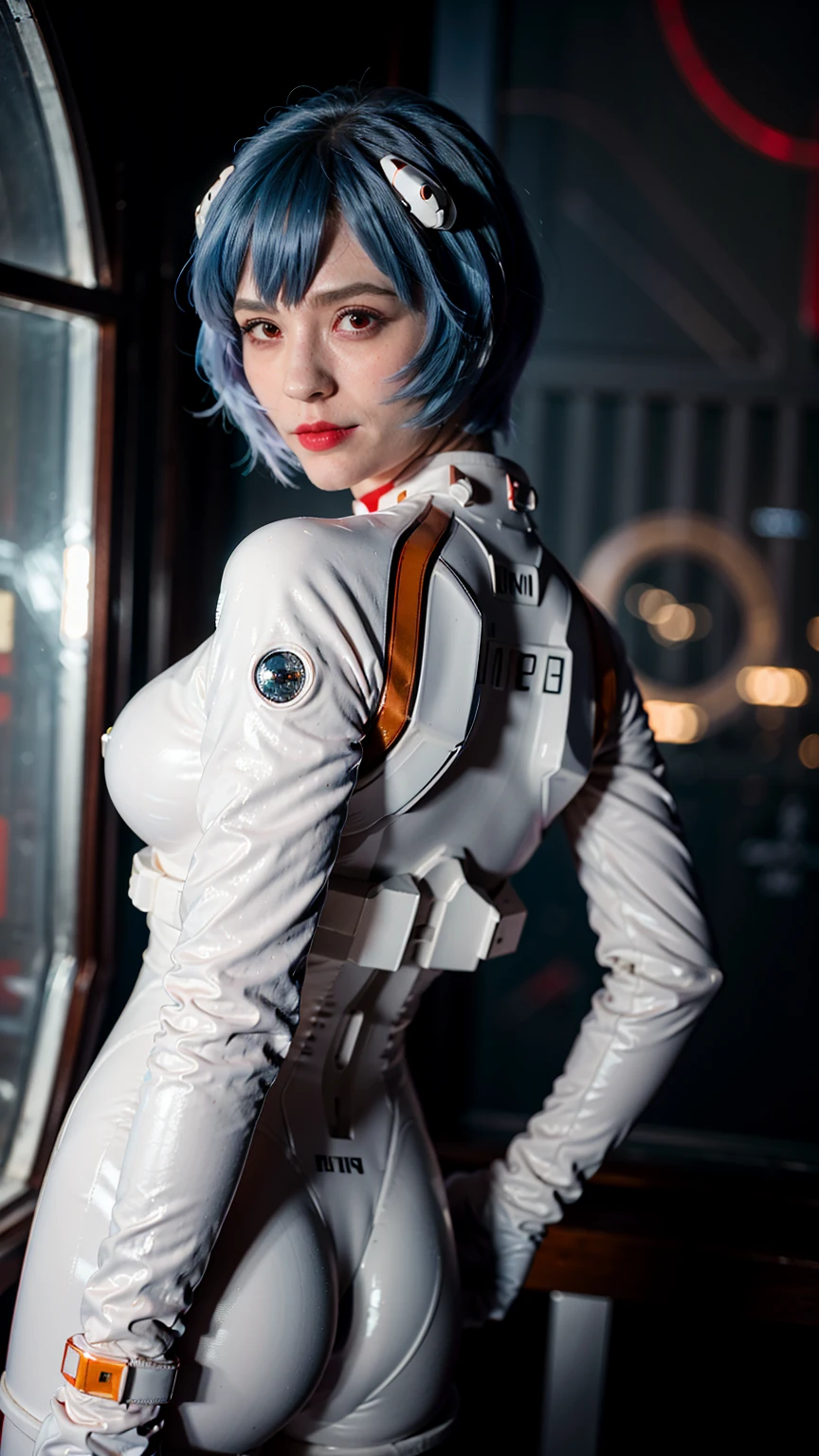 (masterpiece), (best quality), (red eyes), (epiCRealLife), (red lipstick), (j4nu4ryj0n3s) (young woman), (European Model), (Plugsuit), (ayanami_rei plugsuit), interface headset, white bodysuit),(white gloves) (red eyes), (blue hair), (medium breasts),(flash photography), (natural lights), (ample lights),( light smile), (pose for picture), (white gloves), (light smile),, (space station lobby), (back poses), (spaceship cockpit), (galaxy scenery), (from behind), (close up hips)