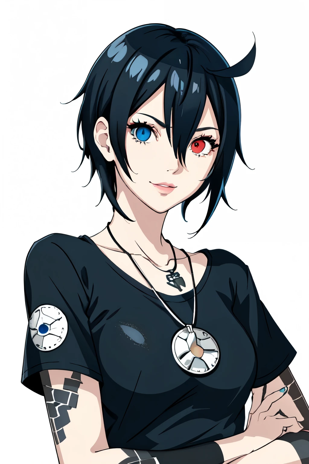 Highest quality, masterpiece, (ultra-detailed), (heterochromia:1.4), blue eyes, beautiful lips, red eyes, short hair, tattoo, black shirt, portrait, solo, 1girl, white and red background, multi-colored background, two colored background, blue background, red background, white background, black hair, tattoos under eyes, chain necklace, portrait, smirk