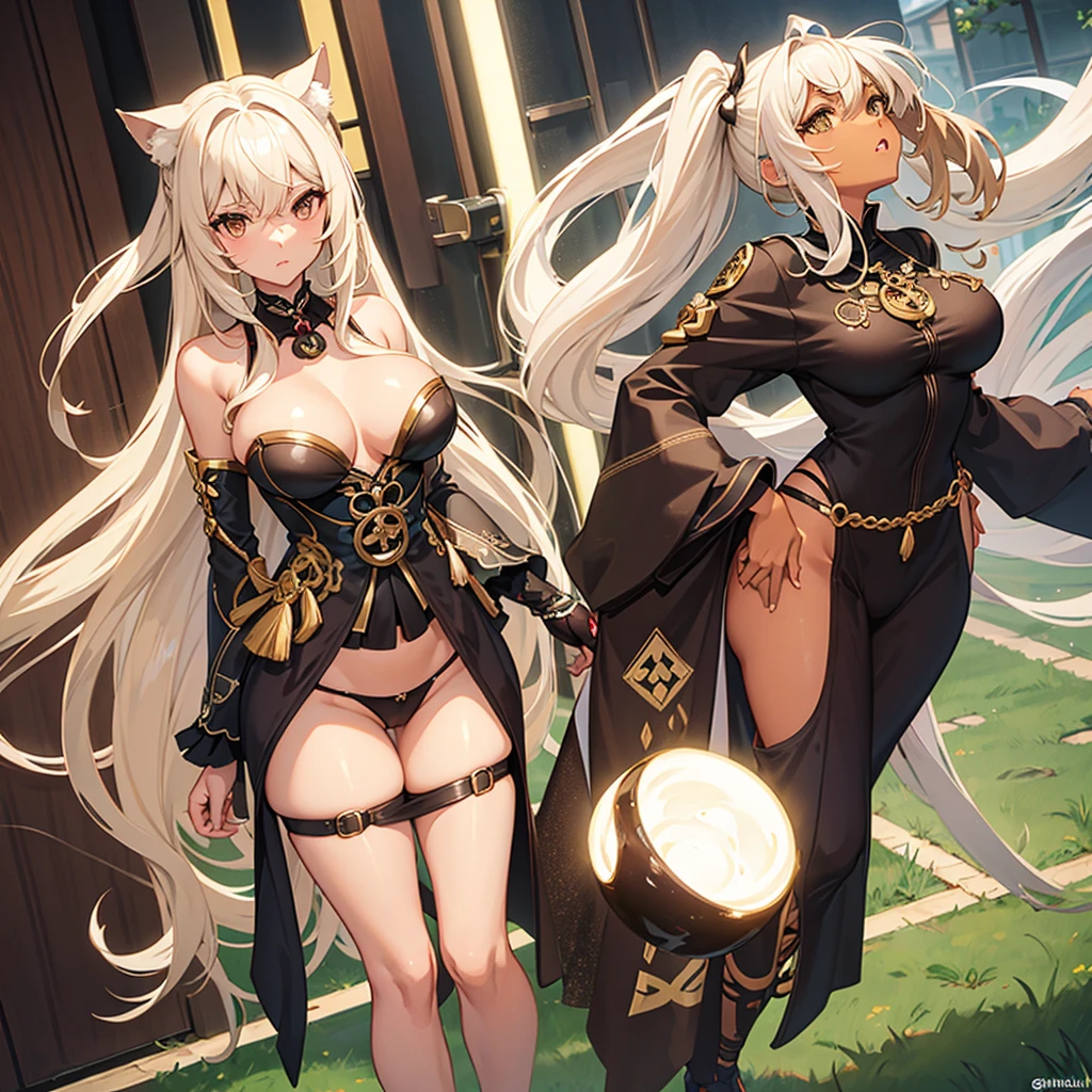 Neko girl With Brown skin, With medium wavy brown hair with platinum blonde highlights, and dark brown eyes, With big breasts A little on display in a tight outfit, With feminine clothing in the Genshin Impact style