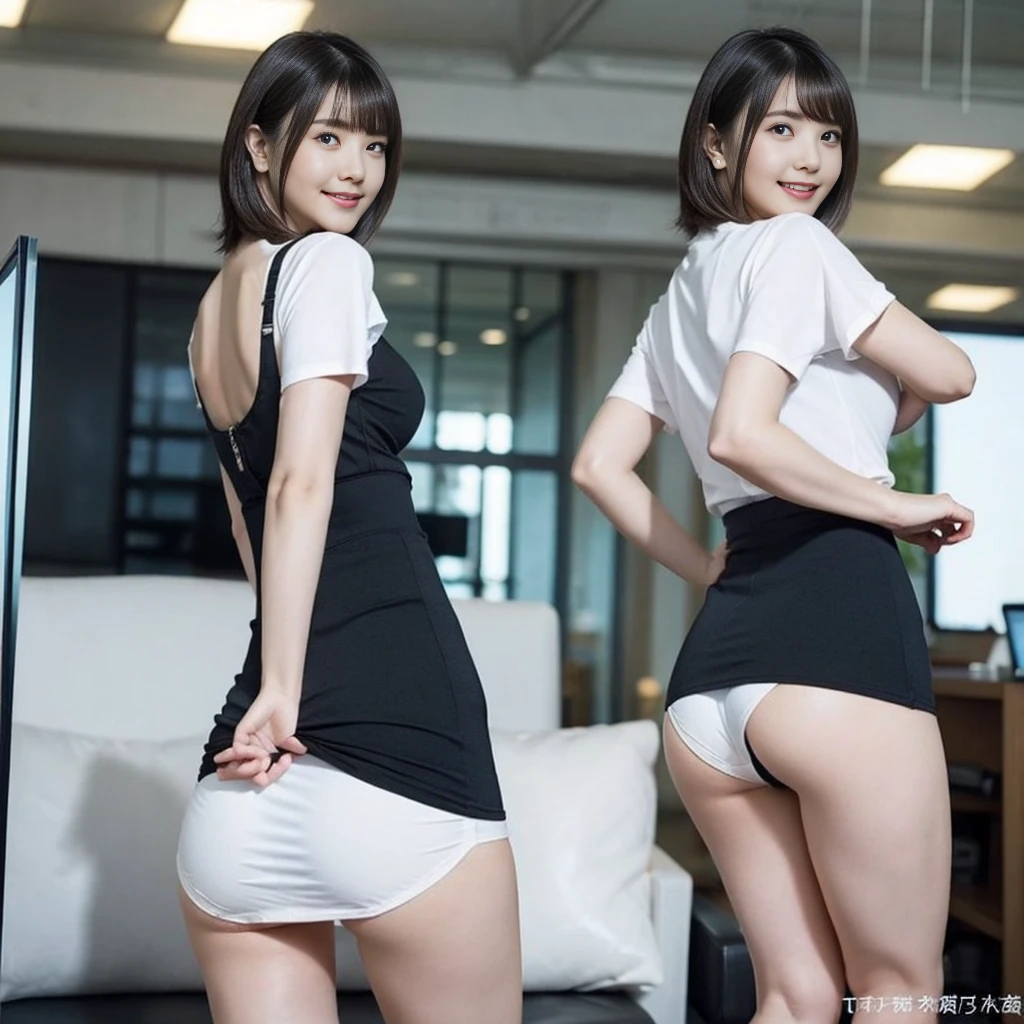 (from below:1.5)、(Office Lady、Micro Mini Skirt、Short sleeve、ass、Black Hair、Big Ass、Inside the office、Glass-walled office、Panty Shot、Panty lines、Butt crack、White panties)、Extremely sexy、smile、Professional Lighting、Small waist、Beautiful adult woman、Captivating thighs、Very large breasts、Cleavage、