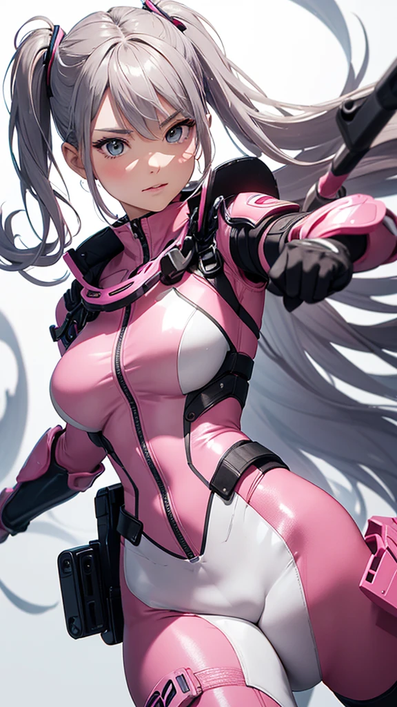 close portrait, random action, brush drawing image, beautiful Thai female , aged 20, dynamic fighting action pose with pink advanced sci-fi pistols, long light grey hair with advanced goggles, slim fit sci-fi glossy pink-grey diving suit with grey legs and white weapons holster on thighs, white sleeves, pink shoulders armour, pink gloves, pink smoke explode, white background, 8k resolution