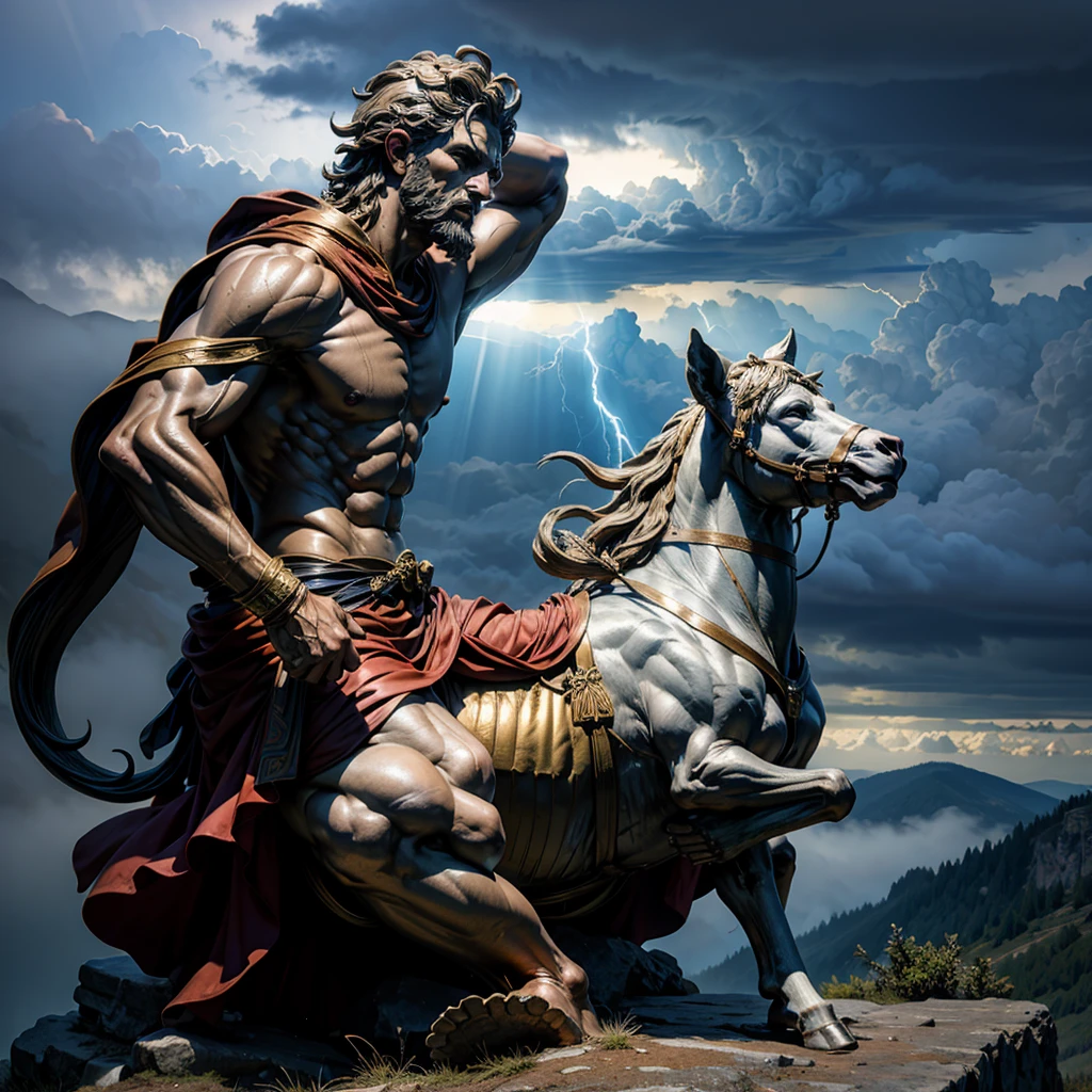 a statue of a greek stoic on top of a mountain, lightning in the sky, fog, dramatic lighting, cinematic, highly detailed, photorealistic, 8k, best quality, masterpiece, realistic sky, moody atmosphere, epic, powerful, striking, dramatic clouds, rays of light, mystical, ethereal, atmospheric, breathtaking, grandiose, monumental, heroic