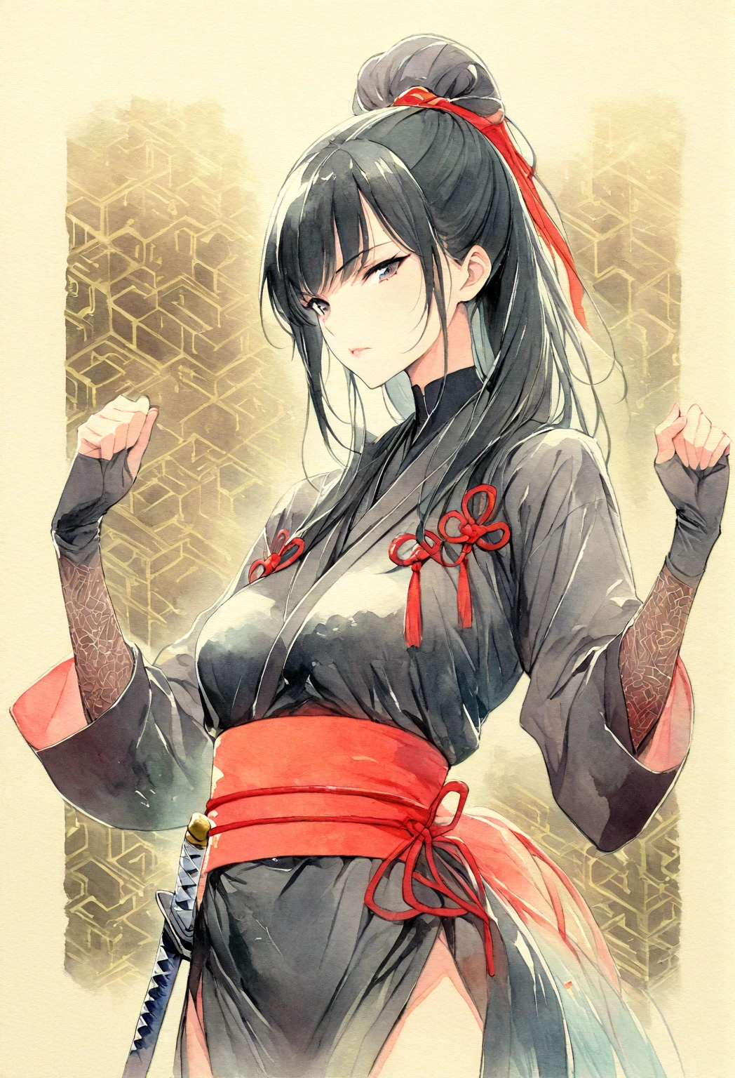 masterpiece, Best quality, Drawing of a black-haired futuristic female ninja illustration, watercolor (medium), 1girl, breast, Dressed in sophisticated modern ninja costumes,Equipped with traditional and technological weapons. She has long black hair,Tied with a red ribbon and a symbol。She must be wearing a high-end black outfit with red accents,These include letters. She holds a dagger,The hilt and scabbard have intricate patterns. The background is the Edo period, Five fingers, Right fist.