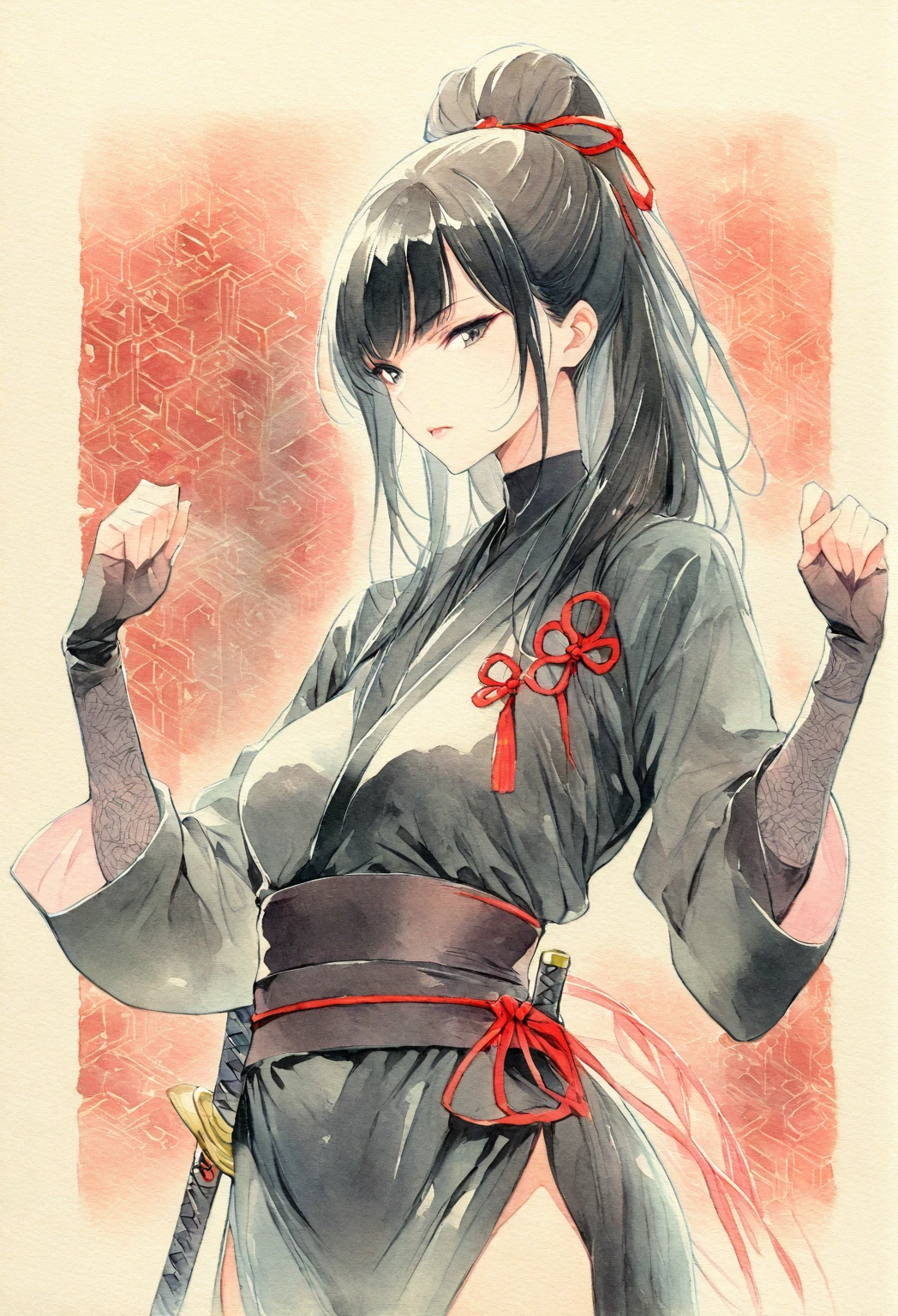 masterpiece, Best quality, Drawing of a black-haired futuristic female ninja illustration, watercolor (medium), 1girl, breast, Dressed in sophisticated modern ninja costumes，Equipped with traditional and technological weapons. She has long black hair，Tied with a red ribbon and a symbol。She must be wearing a high-end black outfit with red accents，These include letters. She holds a dagger，The hilt and scabbard have intricate patterns. The background is the Edo period, Five fingers, Right fist.