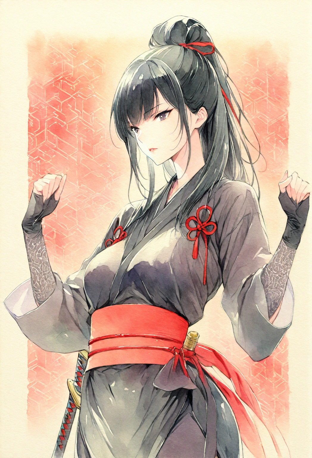 masterpiece, Best quality, Drawing of a black-haired futuristic female ninja illustration, watercolor (medium), 1girl, breast, Dressed in sophisticated modern ninja costumes,Equipped with traditional and technological weapons. She has long black hair,Tied with a red ribbon and a symbol。She must be wearing a high-end black outfit with red accents,These include letters. She holds a dagger,The hilt and scabbard have intricate patterns. The background is the Edo period, Five fingers, Right fist.