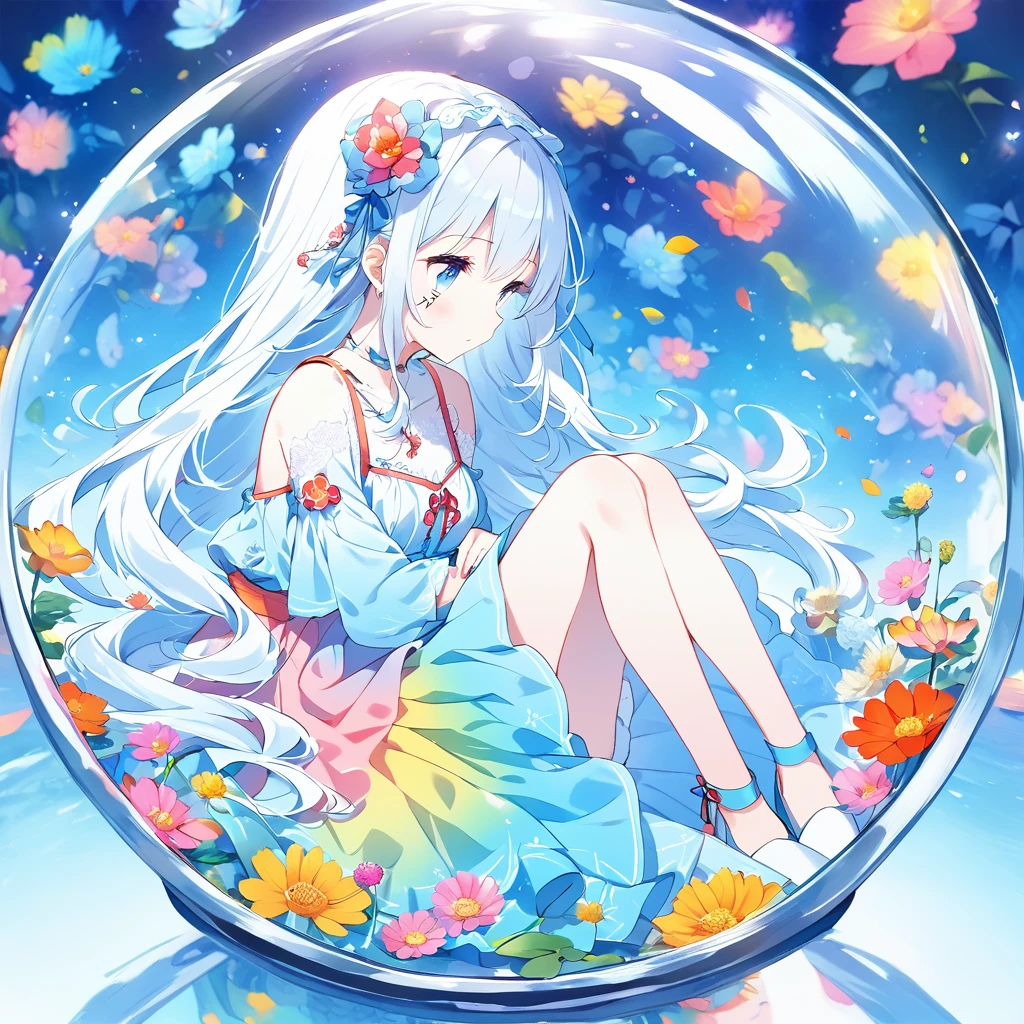 (masterpiece), (best quality), illustration, ultra detailed, hdr, Depth of field, (colorful), ****,(flowers background:1.45),(transparent background:1.3)(an extremely delicate and beautiful girl inside of glass jar:1.2), (glass jar:1.35),(solo:1.2), (full body), (beautiful detailed eyes, beautiful detailed face:1.3), (sitting ), (very long silky hair, float white hair:1.15), (medium_breasts, tally and skinny:1.2), (Colorful dress:1.3), (extremely detailed lace:0.3), (insanely detailed frills:0.3),(hairband , orange hair_ornament:1.25),orange cans,water surface,full body,(bottle filled with orange water,bottle filled with Fanta:1.25), (many fruits in jar, many Sliced_fruits in jar:1.25), (many bubbles:1.25),