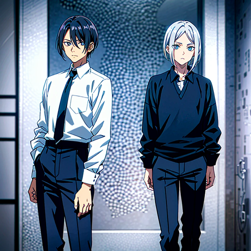hombre, con cabello color gris,(flequillo al estilo de levi ackerman),ojos color azul claro,serios,con una camisa negra,dark blue trousers,estilo anime,en diferentes perspectivas,cuerpo completo.