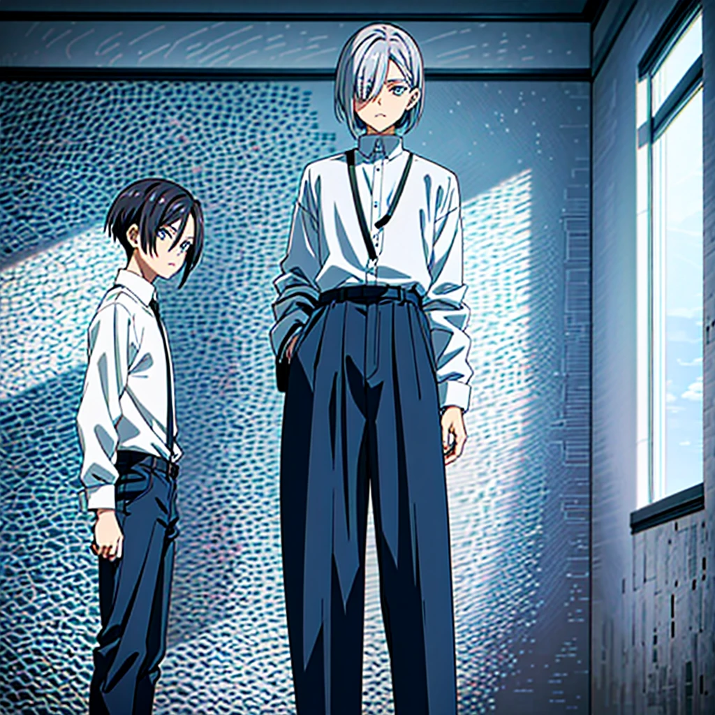 hombre, con cabello color gris,(flequillo al estilo de levi ackerman),ojos color azul claro,serios,con una camisa negra,dark blue trousers,estilo anime,en diferentes perspectivas,cuerpo completo.