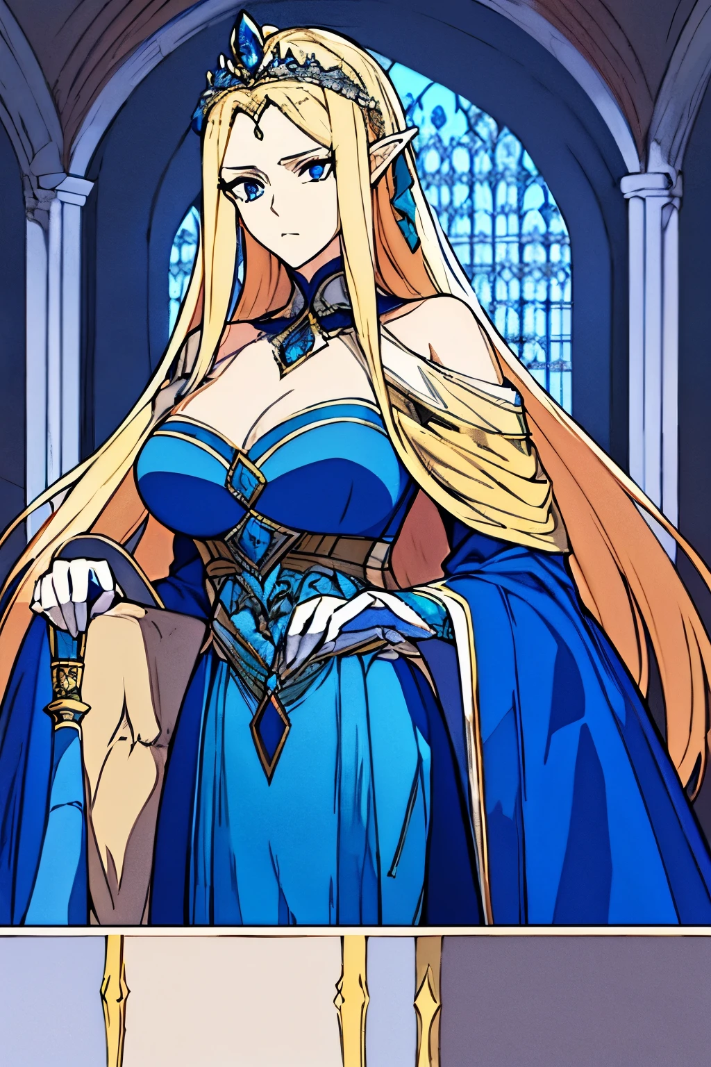 elf woman, a queen and holy woman, elegant 18th century blue royal dress, blue eyes, D cup breasts, weight 47 kg, 25 years old, long blonde hair down to her back, height 154 cm, serious face, high dignity , looking down on humans, sitting on the throne.