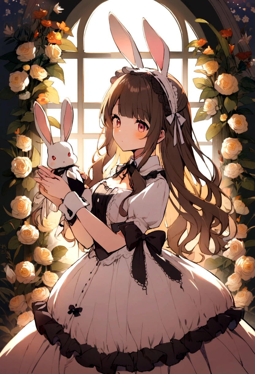 1 girl, long hair, ta, cute, bunny, flowers, light, live