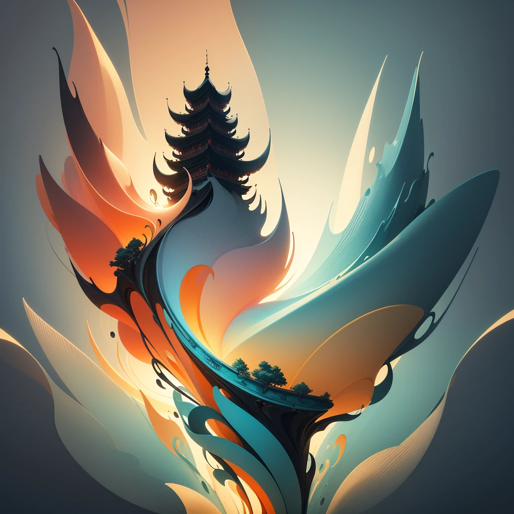 Chinese landscape, abstract paintings, Zen, Amy Sol style, With a cover art of light abstraction, Simple vector art, Contemporary Chinese art, Gradient of color, Soft color palette, layered forms, Whimsical animation, The style is ethereal and abstract, textured, ballance