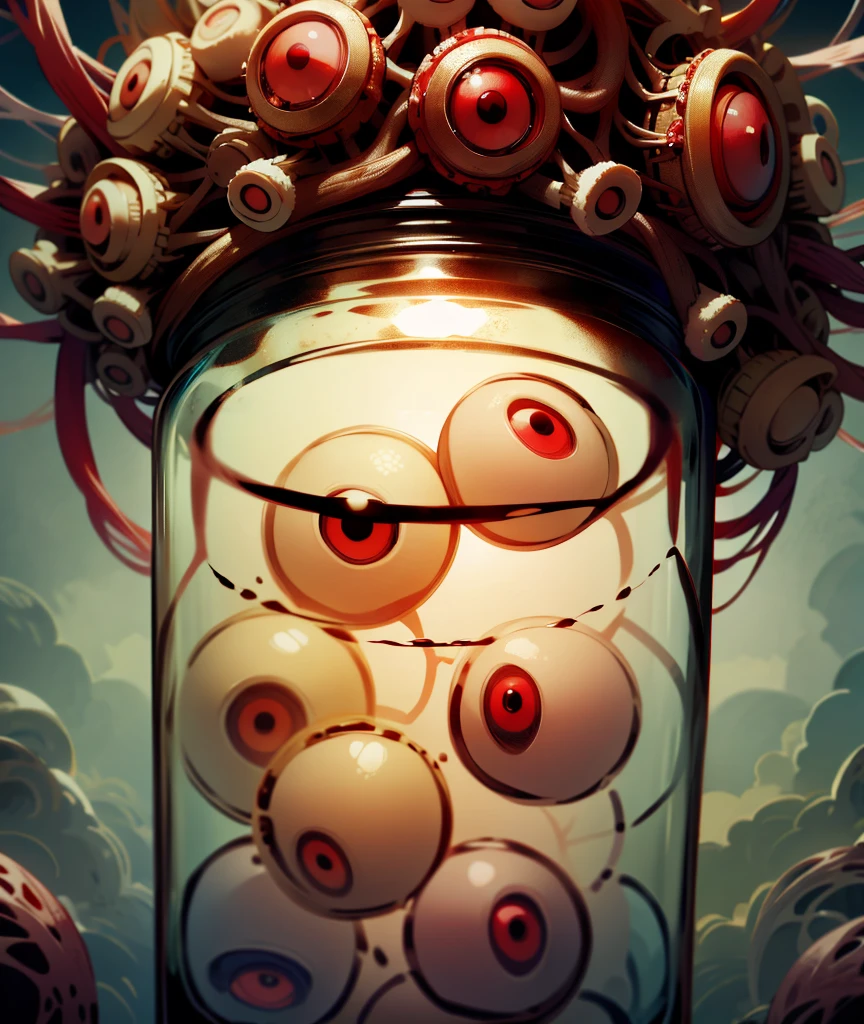 a glass jar filled with eyeballs, (eyeballs), blood, 