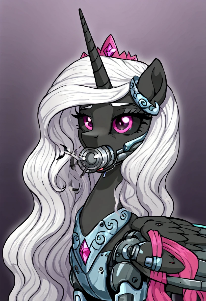 Alicorn , white mane,light blue cybernetic eyes, cybernetic body,black sclera ,black body color  long flowing  mane princess pony pink eyes , gala dress princess beautiful  gala pussy
Deepthroat 