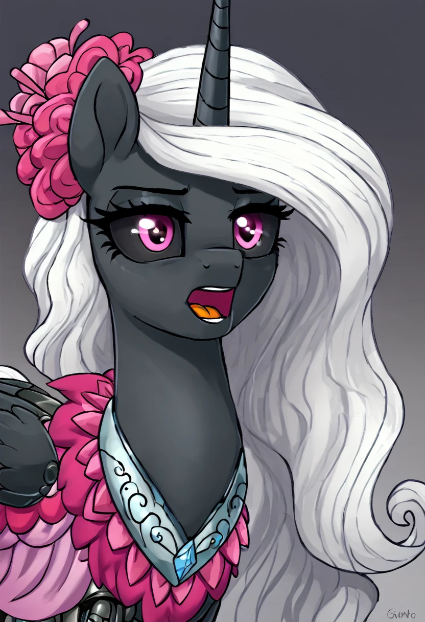 Alicorn , white mane,light blue cybernetic eyes, cybernetic body,black sclera ,black body color  long flowing  mane princess pony pink eyes , gala dress princess beautiful  gala pussy
Deepthroat 