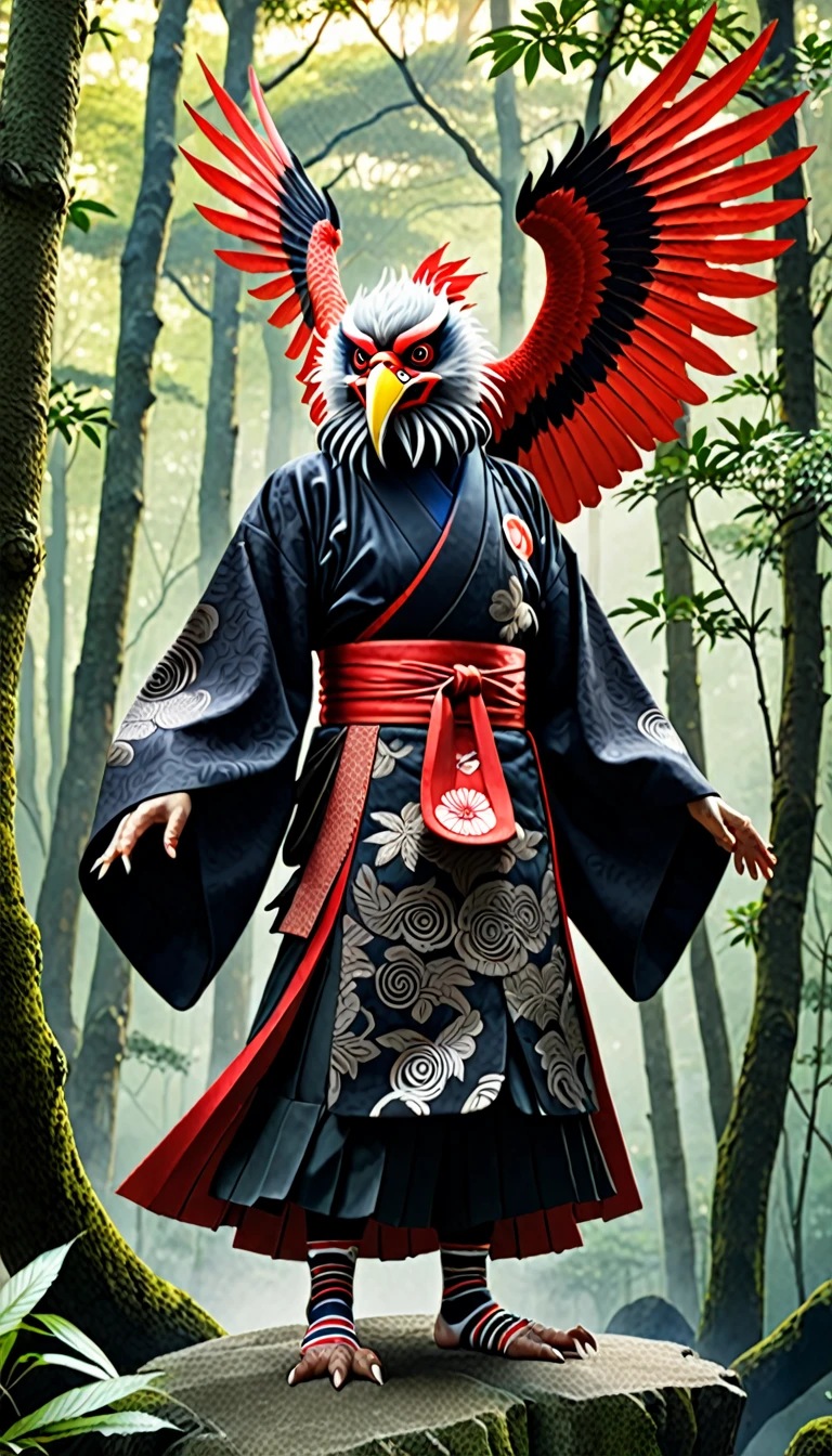 Tengu, mythical creature, Japanese folklore, avian features, red face, long nose, traditional clothing, forest background, mystical aura, dynamic pose, photorealistic style, detailed textures, realistic lighting, high definition, intricate patterns, cultural essence.