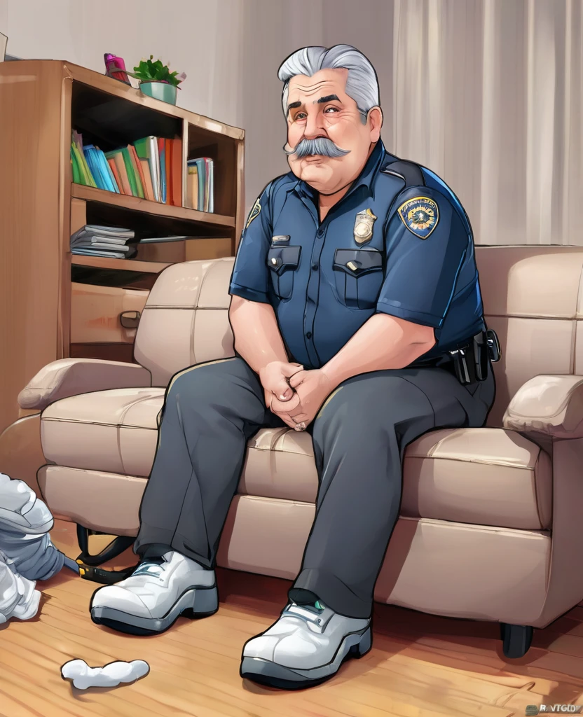 Old police officer daddy, grey hair, male, fat, chubby, clean cut , wearing dirty socks, only wearing socks, leaking cum, cum everywhere, smelly socks, sweaty, stench coming from socks, sitting on couch, white socks, feet propped up on table, stinky socks, grey pubes