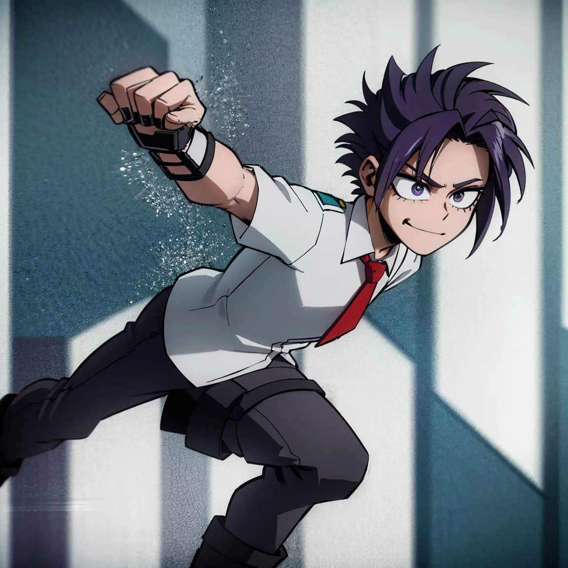 1boy, male focus, boku no hero academia, masterpiece, best quality, very aesthetic, absurdres, short messy hair, purple hair, lavender eyes, smirk, gray jacket, red tie, white shirt, teal pants, boots