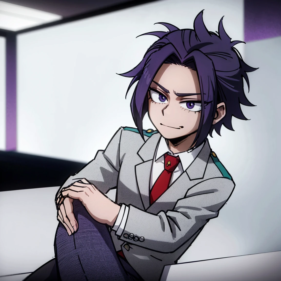 1boy, male focus, boku no hero academia, masterpiece, best quality, very aesthetic, absurdres, short messy hair, purple hair, lavender eyes, smirk, gray jacket, red tie, white shirt, teal pants, boots