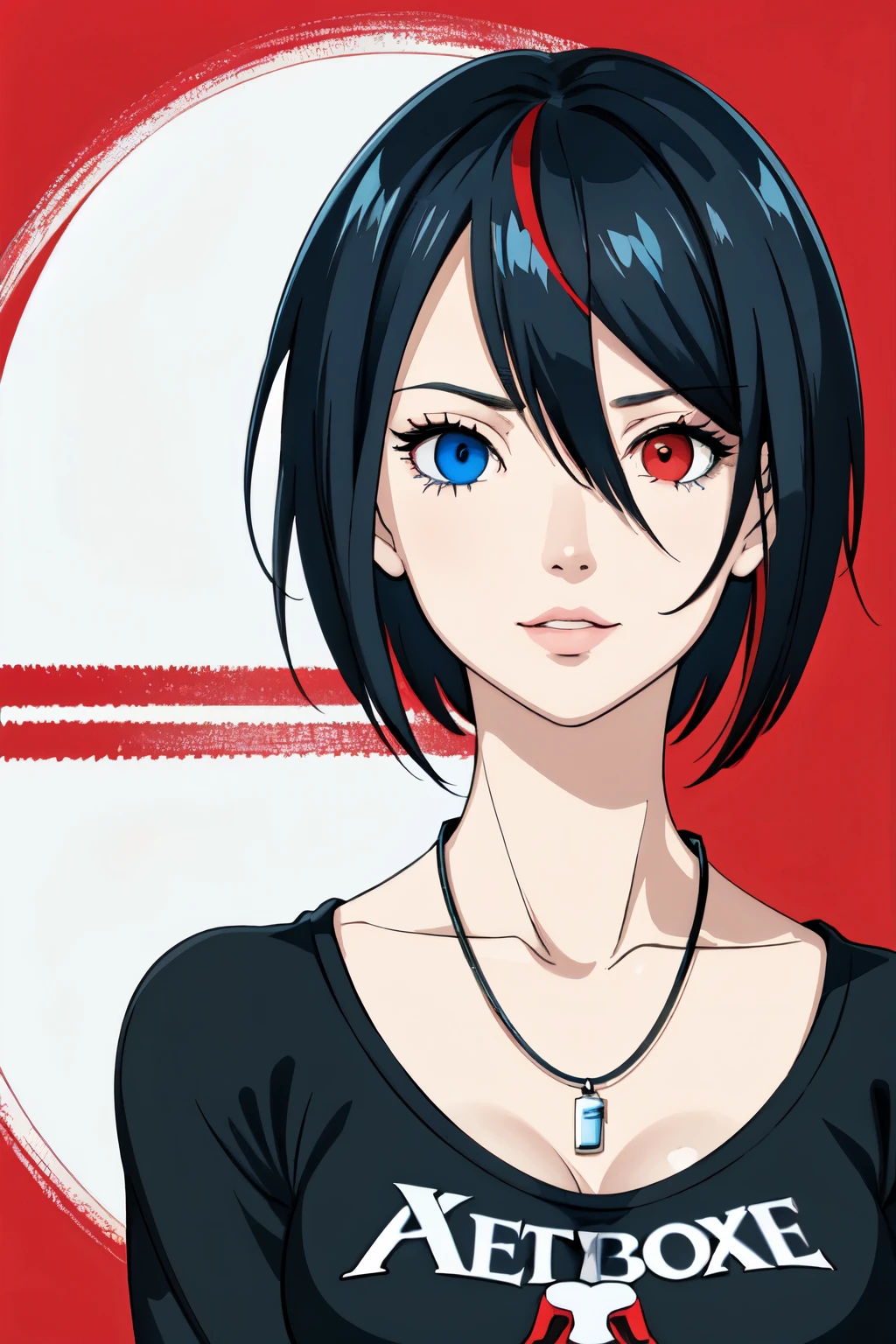 Highest quality, masterpiece, (ultra-detailed), (heterochromia:1.4), blue eyes, beautiful lips, red eyes, short hair, tattoo, black shirt, portrait, solo, 1girl, white and red background, multi-colored background, two colored background, blue background, red background, white background, black hair, tattoos under eyes, chain necklace, portrait, smirk